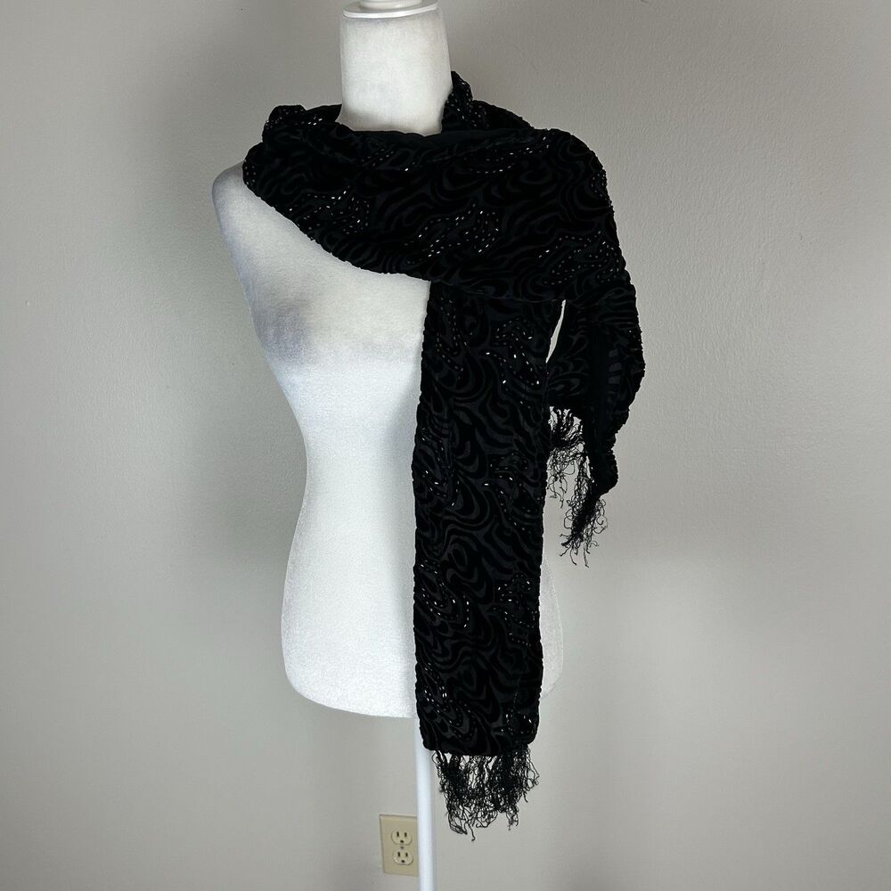 Chicos Silk Blend Velvet Beaded Scarf Shawl Wrap Womens Black Fringe Abstract